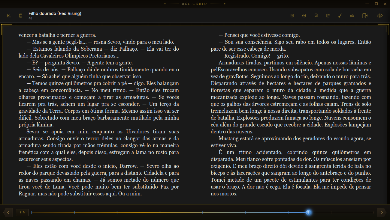 Página de leitura do Relicário, em duas colunas, com barra de progresso